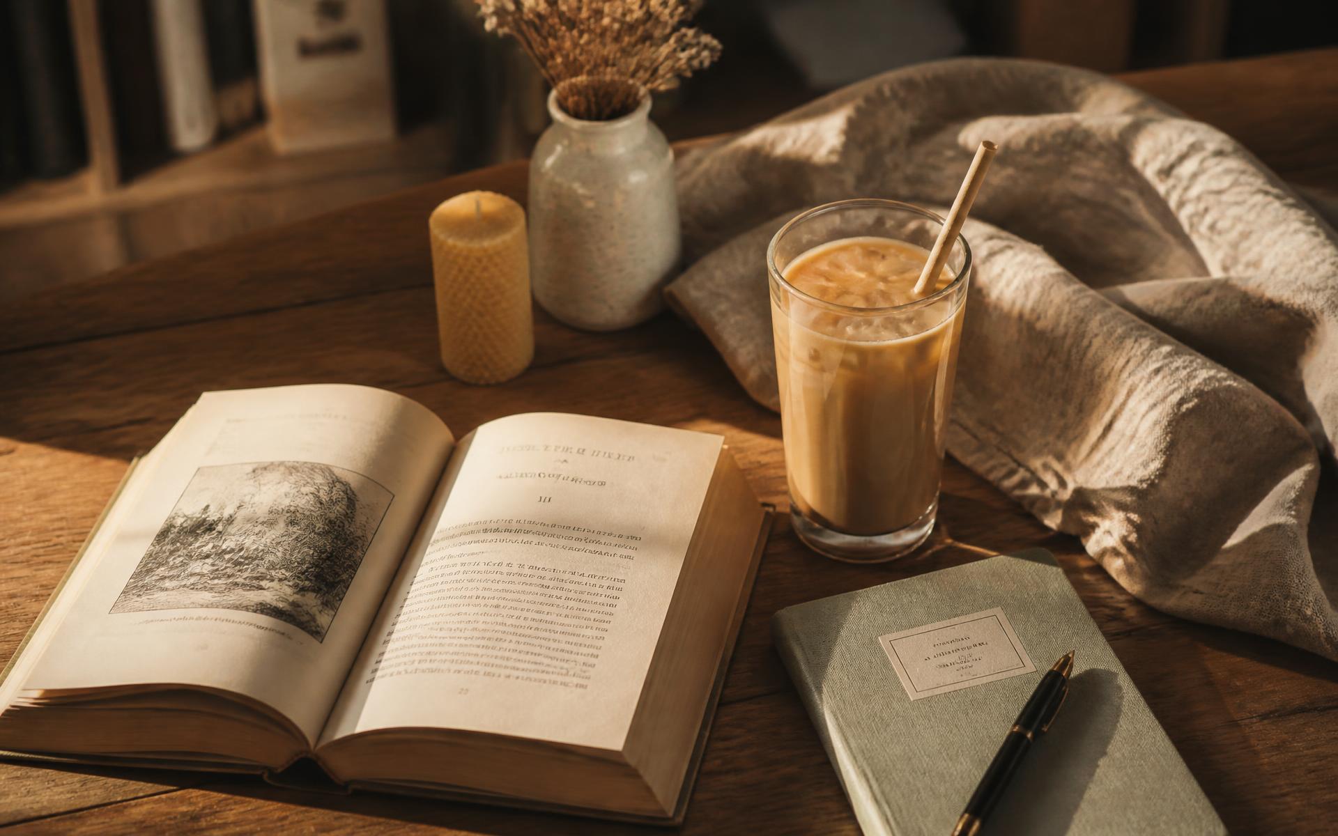 An open book, iced latte, notebook and dried flowers on a sunlit oak table